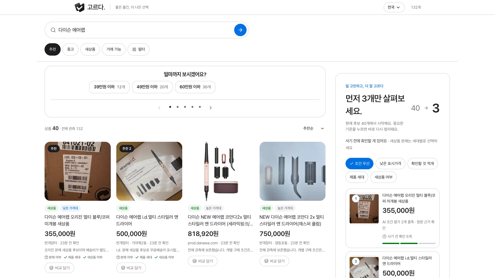 '다이슨 에어랩' 검색 결과. 추천·중고·새상품·거래 가능·필터 칩, '얼마까지 보시겠어요?' 예산 질문, '상품 40 · 전체 관측 132' 표시, 새상품·중고 태그와 출처·확인 시각이 붙은 매물 카드 4개, 카드마다 본체 여부·제품 세대·새상품 여부 확인 표시가 있다. 오른쪽에는 '먼저 3개만 살펴보세요 40 → 3' 패널과 'AI 조건 평가 2개 충족 · 원문 근거 확인'이 적힌 추천 매물이 있다.